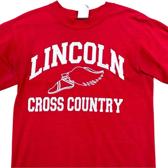 Vintage Tops - Vintage Lincoln Cross Country Red Graphic Tee Size Small, 50/50 Cotton Soft